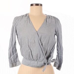 Madewell White and Blue Cuffed Sleeve Wrap Blouse